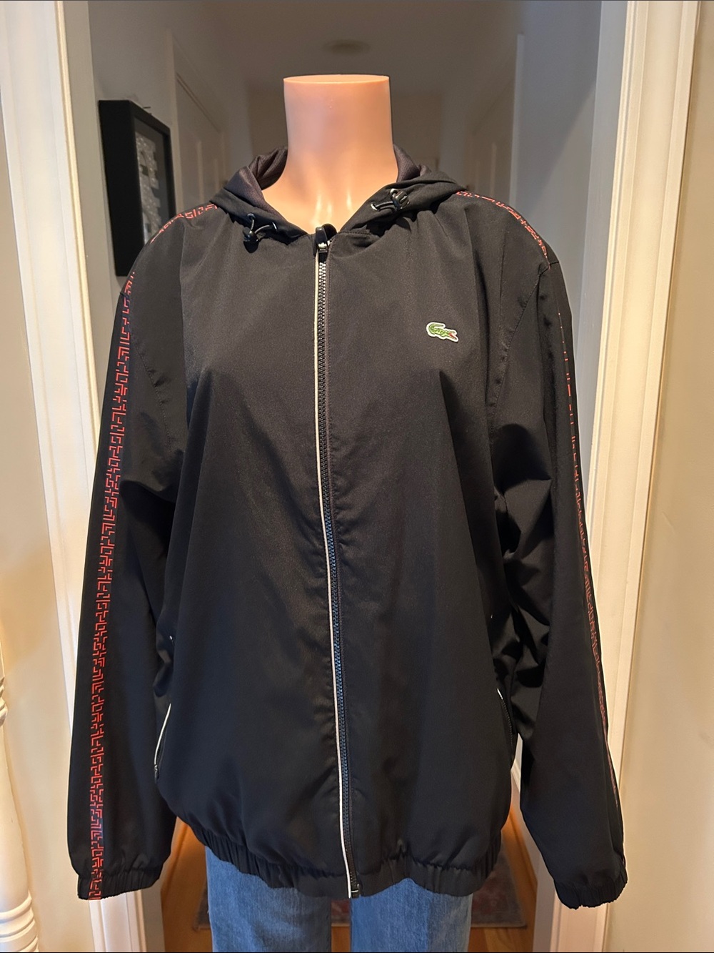 Lacoste Black Hooded Windbreaker with Red Accent Taping